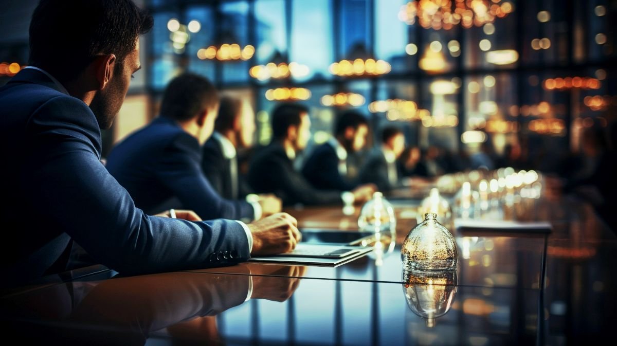 Reunião de executivos em uma mesa de conferência moderna, discutindo estratégias de negócios de sucesso.