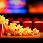 Uma tigela de pipoca estourada em cima de uma mesa de madeira, com um laptop aberto ao lado mostrando cenas de séries sobre finanças.