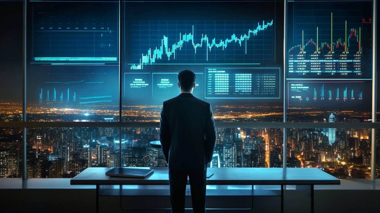 Pessoa observando gráficos financeiros do ipca em uma sala com vista para uma cidade iluminada à noite.