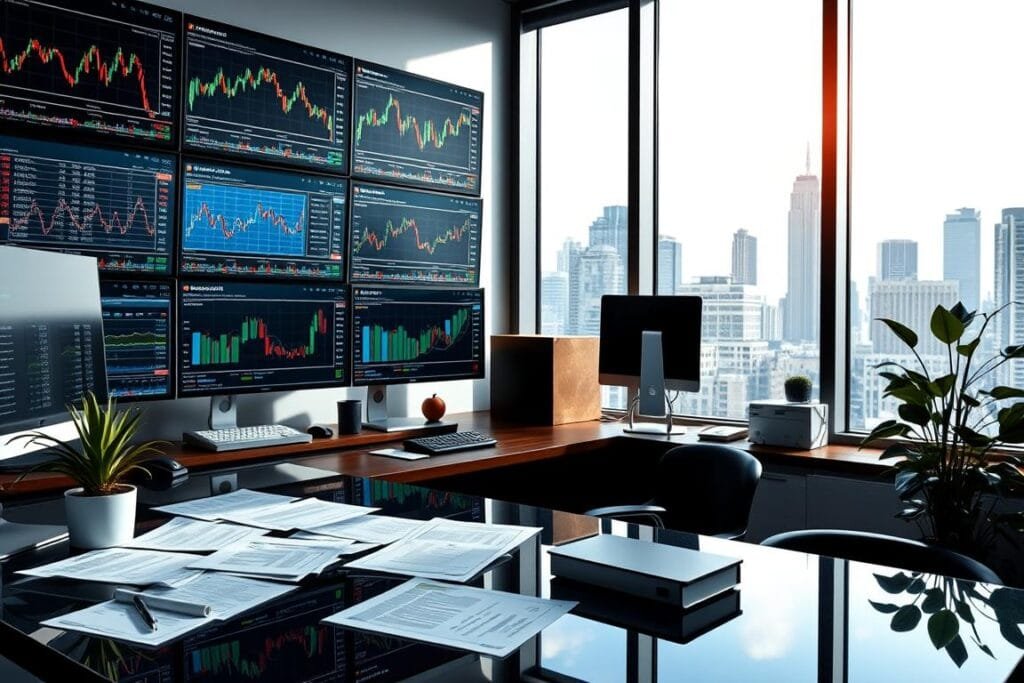 análise de mercado Telas de computadores exibindo títulos públicos de renda fixa.